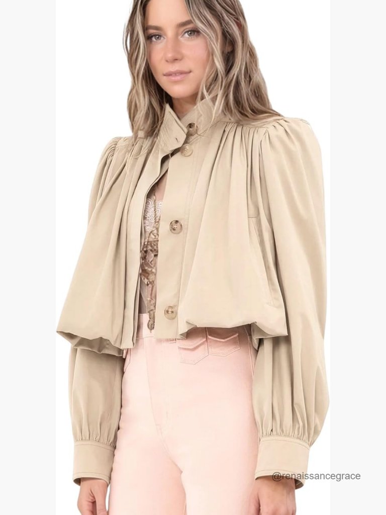 Cropped Casual Jacket With Stand Collar, Button Front, Long Sleeves, Pockets